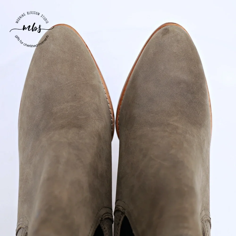 Cole Haan Balthasar Leather Stacked Wedge Booties Gray Tan‎ Women 10